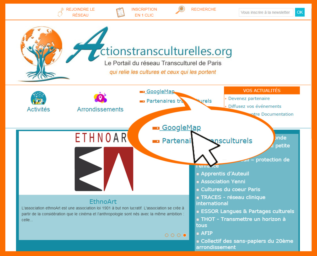 Naviguer avec la Google Map sur Actionstransculturelles.org Naviguer avec la Google Map sur Actionstransculturelles.org