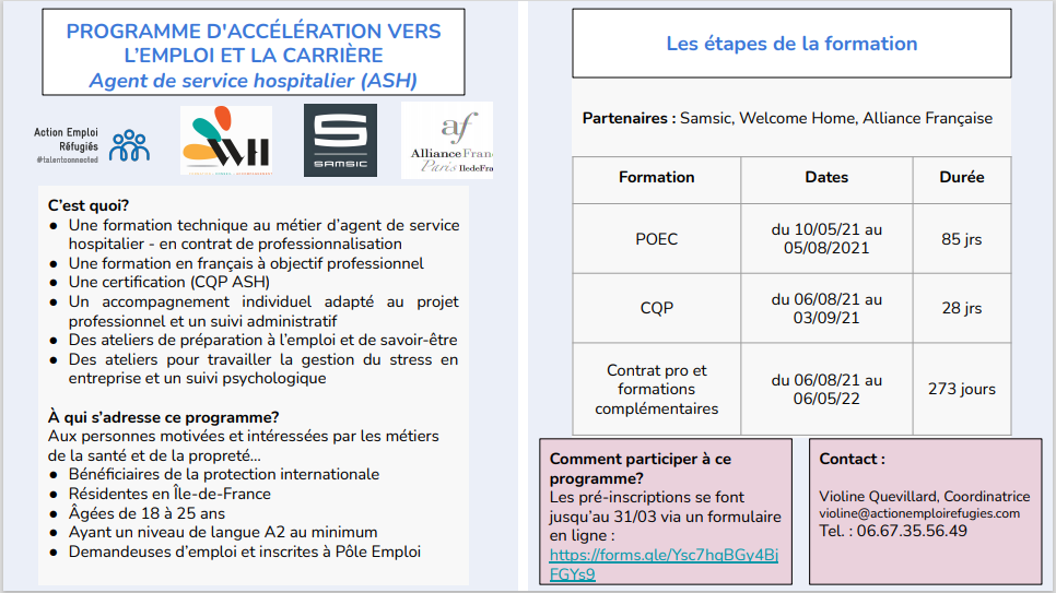 Programmes d'accélération vers l'emploi "Agent de service hospitalier" et Agent de sécurité" avec Action Emploi Réfugiés Programmes d'accélération vers l'emploi "Agent de service hospitalier" et Agent de sécurité" avec Action Emploi Réfugiés