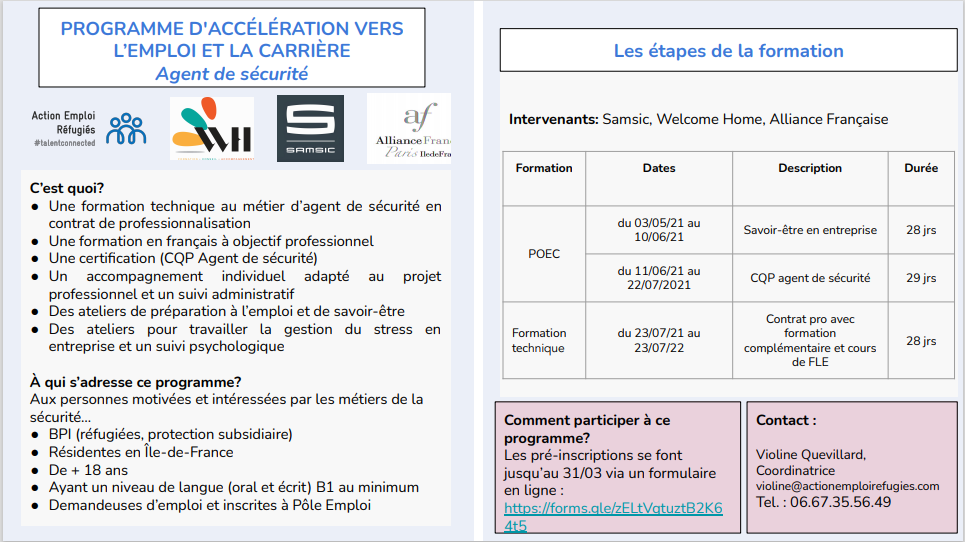 Programmes d'accélération vers l'emploi "Agent de service hospitalier" et Agent de sécurité" avec Action Emploi Réfugiés Programmes d'accélération vers l'emploi "Agent de service hospitalier" et Agent de sécurité" avec Action Emploi Réfugiés
